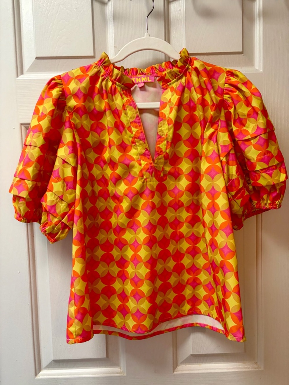 THML Pink & Yellow Geometric Puff-Sleeve Blouse